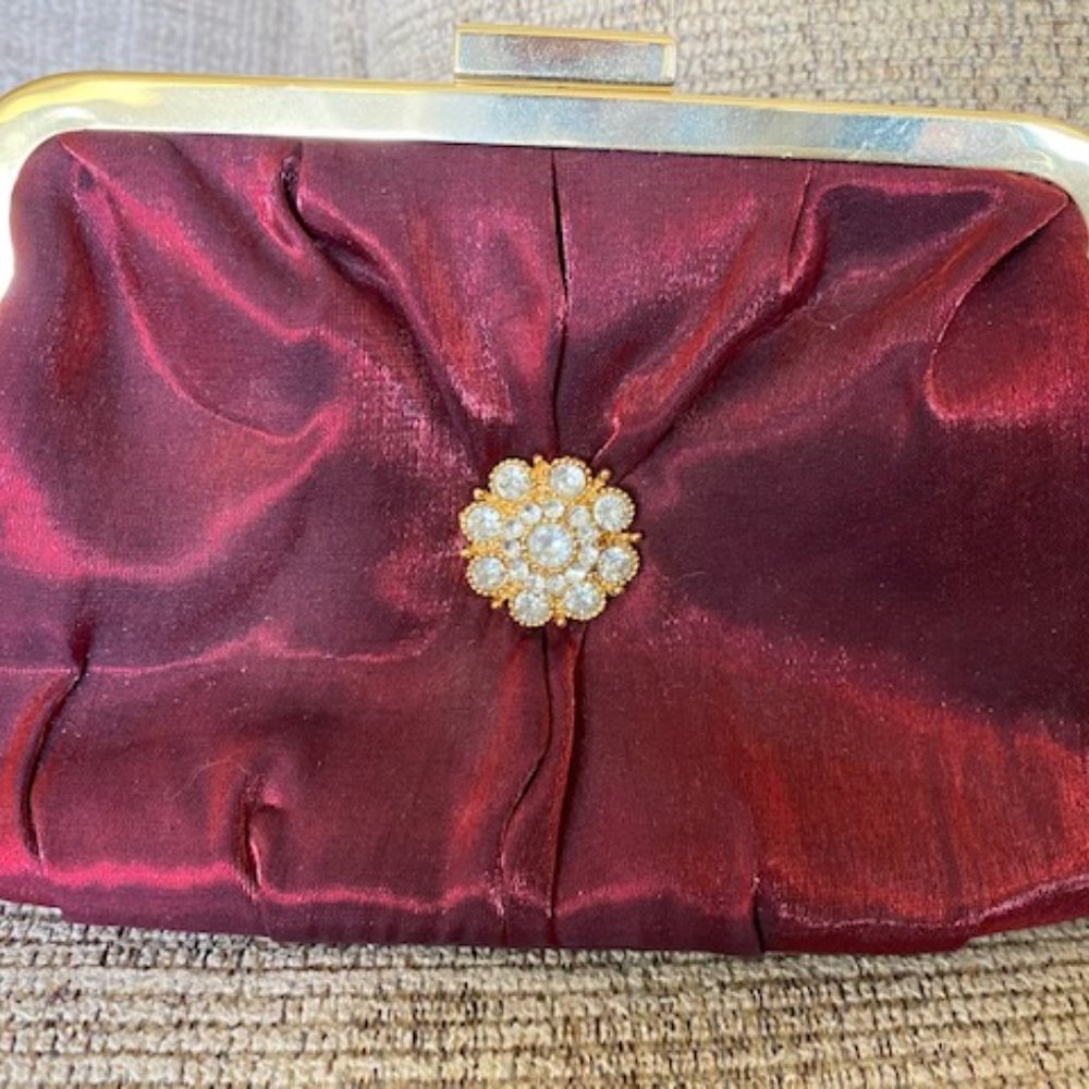 New * RED WINE Satin EVENING BAG Purse RHINESTONE Flower * Shoulder Chain Option